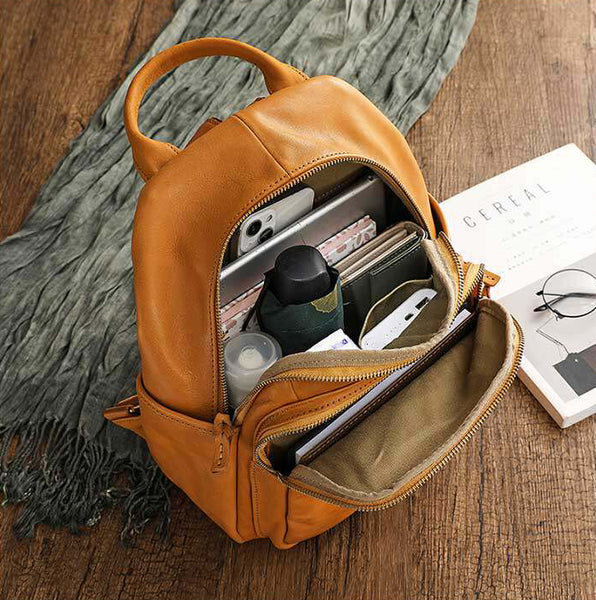 Women's Genuine Leather Backpack Vintage Multi Pocket Daypack Capacity