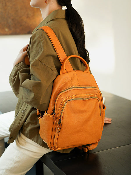 Women's Genuine Leather Backpack Vintage Multi Pocket Daypack Casual