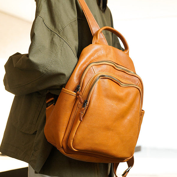 Women's Genuine Leather Backpack Vintage Multi Pocket Daypack Chic