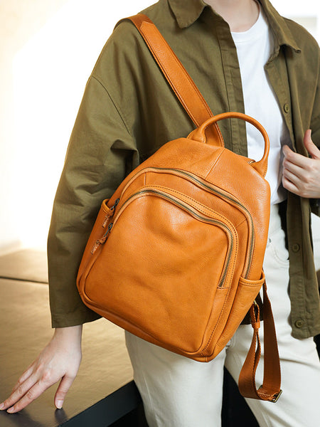 Women's Genuine Leather Backpack Vintage Multi Pocket Daypack