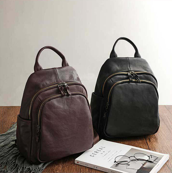 Women's Genuine Leather Backpack Vintage Multi Pocket Daypack Fashionable