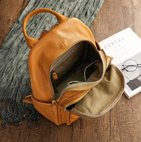 Women's Genuine Leather Backpack Vintage Multi Pocket Daypack Inside