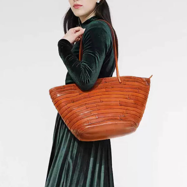 Womens Genuine Leather Tote Handbags Spliced Leather Shoulder Tote Bag Brown