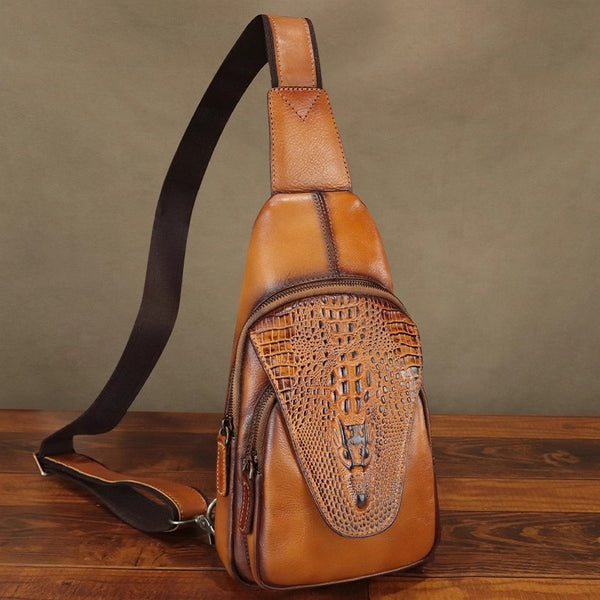 Womens Leather Sling Bag Adjustable Shoulder Chest Bag with Zipper Pockets