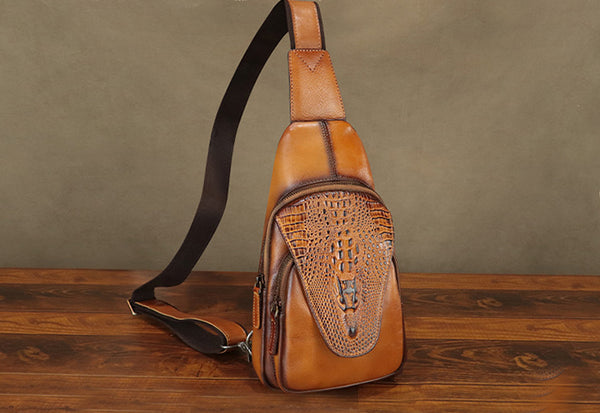 Womens Handcrafted Leather Sling Bag Retro Embossed Cowhide Chest Pack Bag Chic