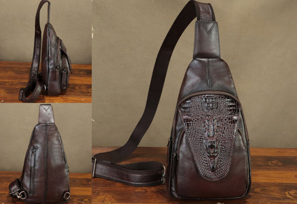 Womens Handcrafted Leather Sling Bag Retro Embossed Cowhide Chest Pack Bag