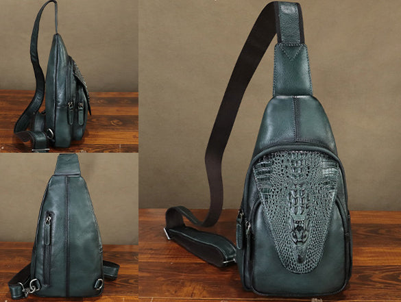 Womens Handcrafted Leather Sling Bag Retro Embossed Cowhide Chest Pack Bag Cowhide