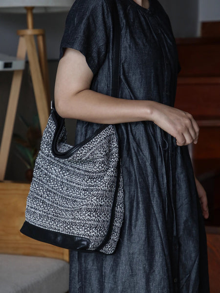 Womens Knitted Fabric Tote Bucket Bag with Genuine Leather Shoulder  Crossbody Handbag for Women Beautiful