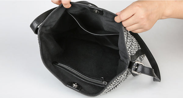 Womens Knitted Fabric Tote Bucket Bag with Genuine Leather Shoulder  Crossbody Handbag for Women Capacity