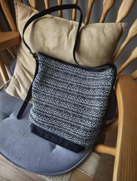 Womens Knitted Fabric Tote Bucket Bag with Genuine Leather Shoulder  Crossbody Handbag for Women Chic