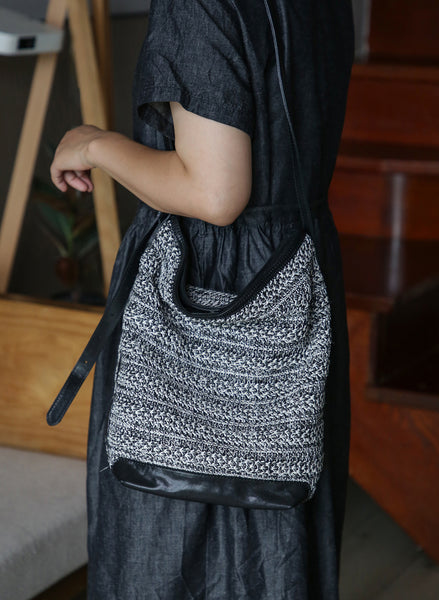 Womens Knitted Fabric Tote Bucket Bag with Genuine Leather Shoulder  Crossbody Handbag for Women Elegant