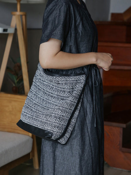 Womens Knitted Fabric Tote Bucket Bag with Genuine Leather Shoulder  Crossbody Handbag for Women Gift