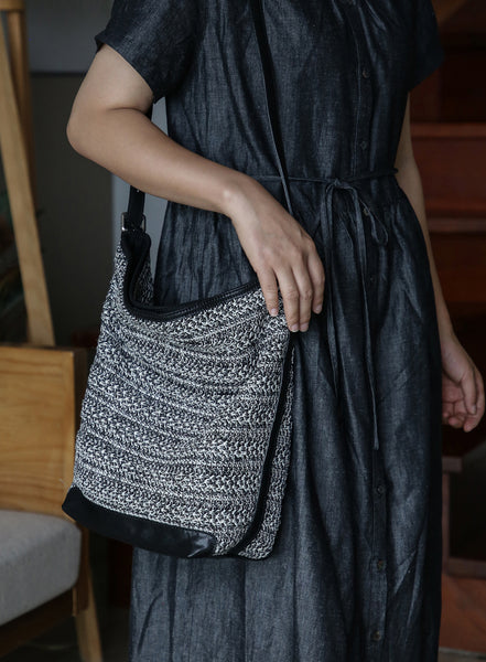 Womens Knitted Fabric Tote Bucket Bag with Genuine Leather Shoulder  Crossbody Handbag for Women Minimalist