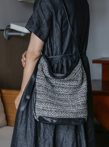 Womens Knitted Fabric Tote Bucket Bag with Genuine Leather Shoulder  Crossbody Handbag for Women Stylish