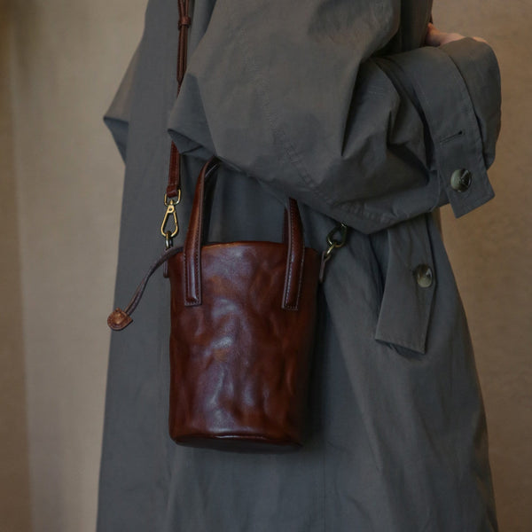Womens Mini Leather Bucket Bag Vintage Drawstring Crossbody Handbag Brown