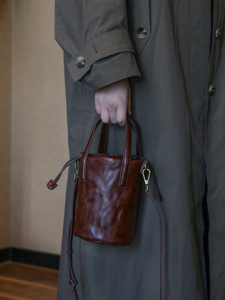 Womens Mini Leather Bucket Bag Vintage Drawstring Crossbody Handbag Chic