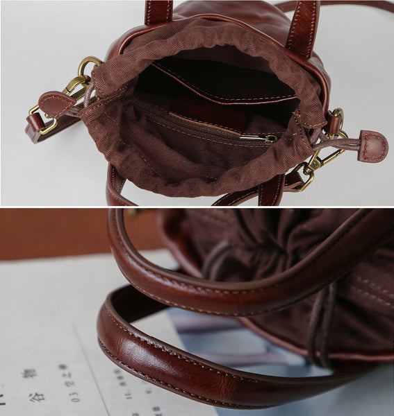 Womens Mini Leather Bucket Bag Vintage Drawstring Crossbody Handbag Cowhide