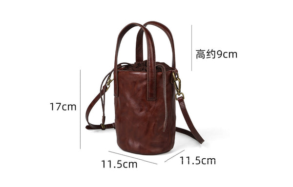 Womens Mini Leather Bucket Bag Vintage Drawstring Crossbody Handbag Cute