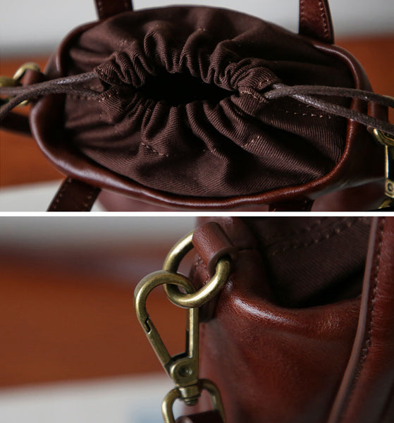 Womens Mini Leather Bucket Bag Vintage Drawstring Crossbody Handbag Details