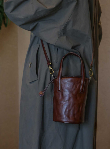 Womens Mini Leather Bucket Bag Vintage Drawstring Crossbody Handbag Elegant