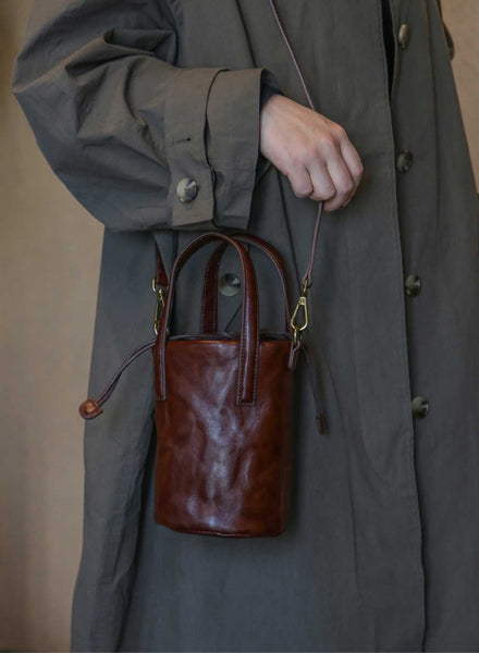 Womens Mini Leather Bucket Bag Vintage Drawstring Crossbody Handbag Fashion