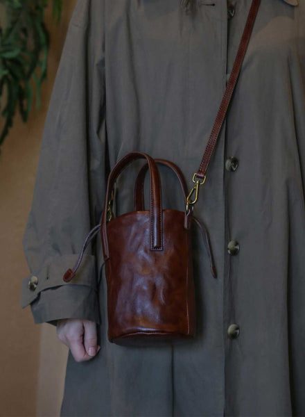 Womens Mini Leather Bucket Bag Vintage Drawstring Crossbody Handbag Fashionable