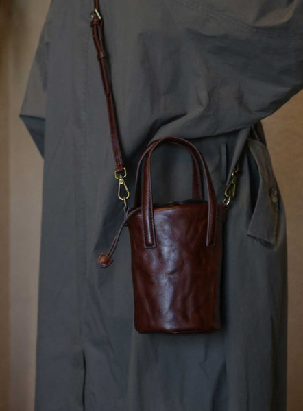 Womens Mini Leather Bucket Bag Vintage Drawstring Crossbody Handbag Front