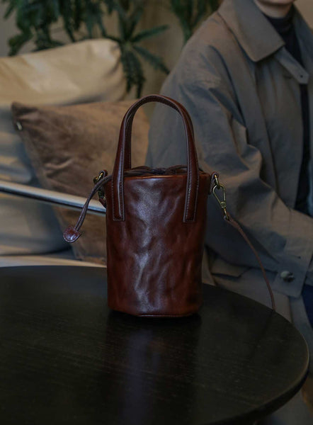 Vintage Womens Mini Leather Bucket Bag Textured Cowhide Crossbody Bag