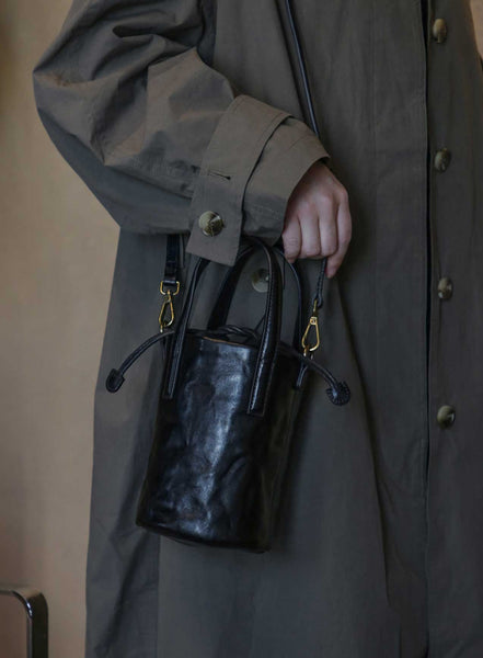 Womens Mini Leather Bucket Bag Vintage Drawstring Crossbody Handbag Gift idea