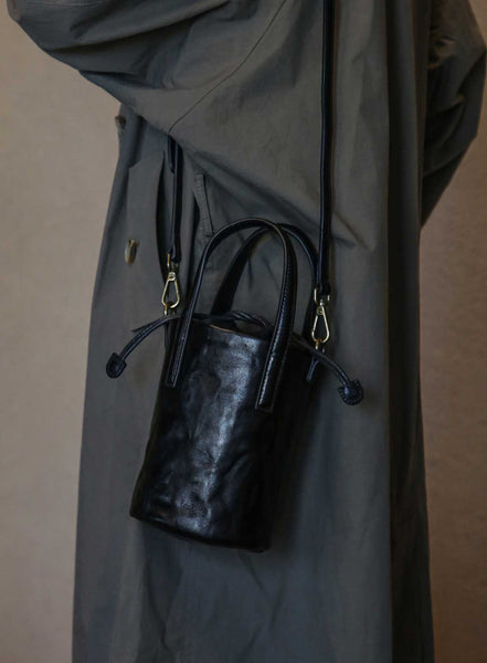 Womens Mini Leather Bucket Bag Vintage Drawstring Crossbody Handbag Gift