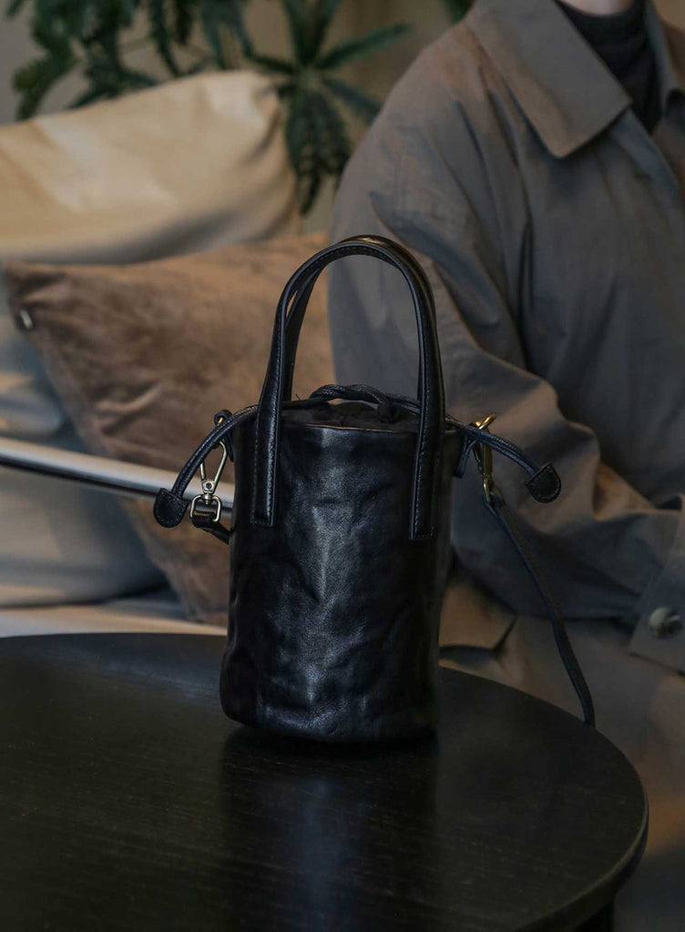 Womens Mini Leather Bucket Bag Vintage Drawstring Crossbody Handbag Handmade