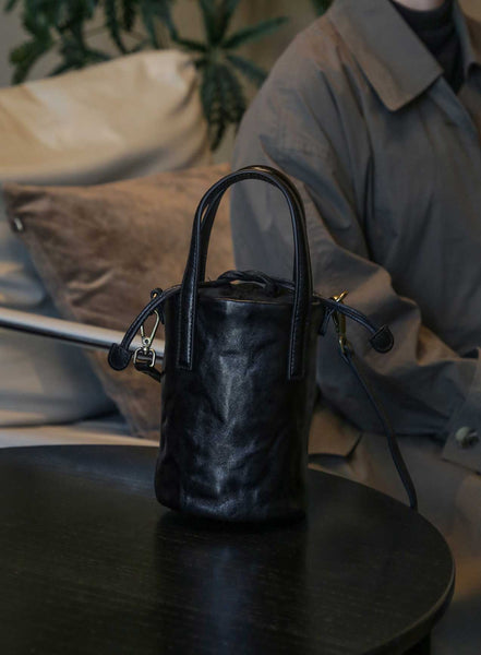 Womens Mini Leather Bucket Bag Vintage Drawstring Crossbody Handbag Handmade