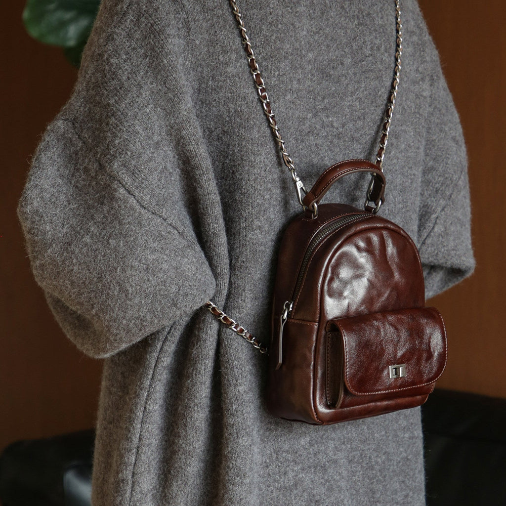 Mini Full-Grain Leather Backpack for Women Convertible Crossbody Handbag