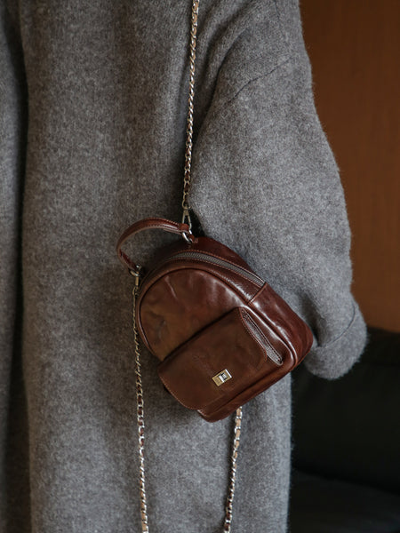 Mini Women’s Vegetable Tanned Leather Backpack Bag Top Handle Crossbody Bag