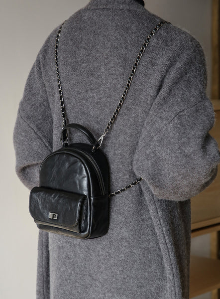 Womens Mini Vegetable Tanned Leather Backpack Top Handle Crossbody Bag Black