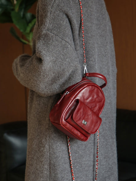 Womens Mini Vegetable Tanned Leather Backpack Top Handle Crossbody Bag Casual