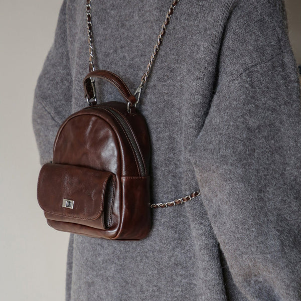 Womens Mini Vegetable Tanned Leather Backpack Top Handle Crossbody Bag Chic