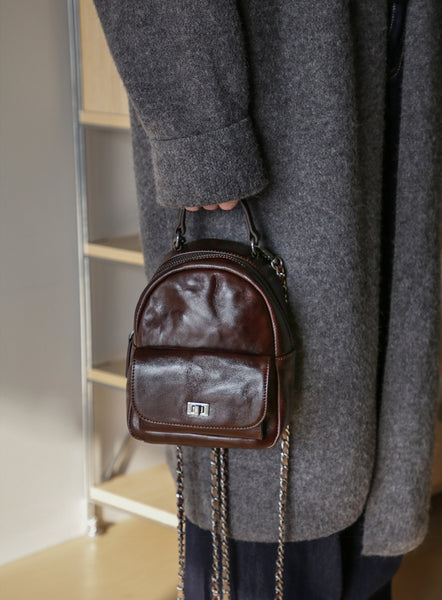 Womens Mini Vegetable Tanned Leather Backpack Top Handle Crossbody Bag Cool