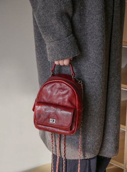 Womens Mini Vegetable Tanned Leather Backpack Top Handle Crossbody Bag Front