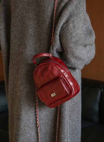 Womens Mini Vegetable Tanned Leather Backpack Top Handle Crossbody Bag Functional 