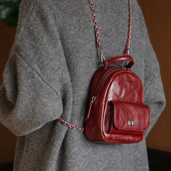 Womens Mini Vegetable Tanned Leather Backpack Top Handle Crossbody Bag Genuine Leather