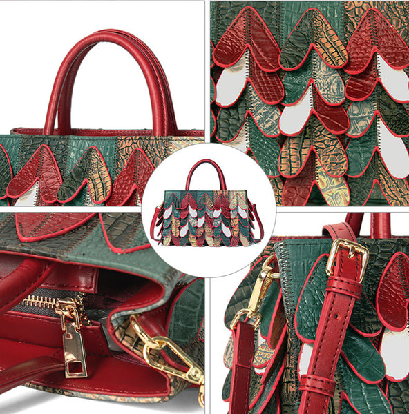 Womens Patchwork Leather Handbag Boho Crossbody Bag Cowhide