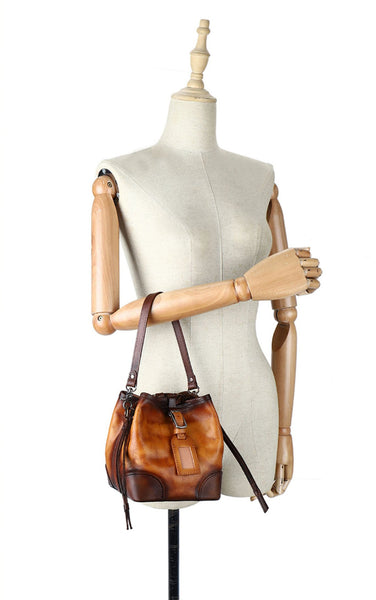 Ladies Genuine Leather Bucket Bags Brown Shoulder Bag