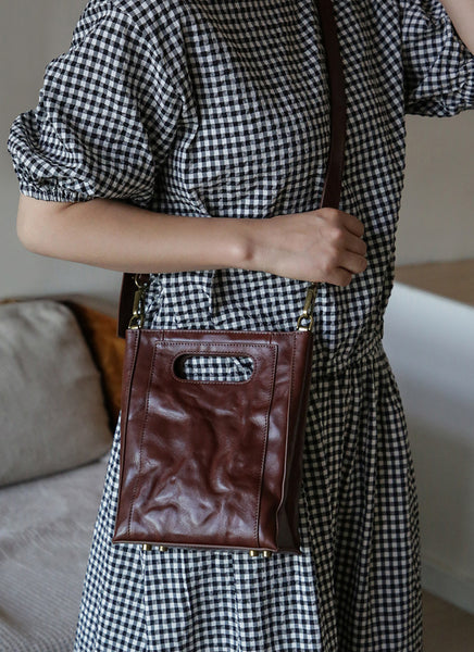 Womens Small Vegetable Tanned Leather Underarm Bag Vertical Handbag and Crossbody Bag Brown