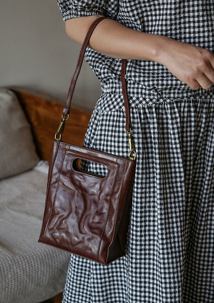 Womens Small Vegetable Tanned Leather Underarm Bag Vertical Handbag and Crossbody Bag Cowhide