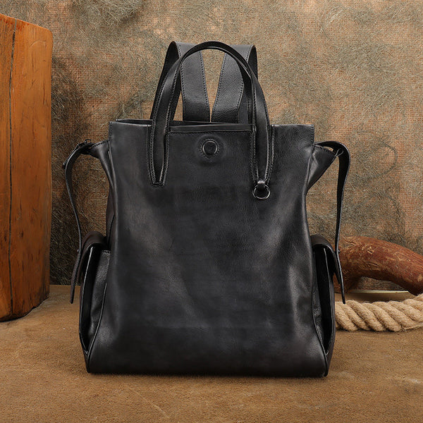 Womens Small Vintage Leather Backpack Bag Travel Tote Backpack Purse Black