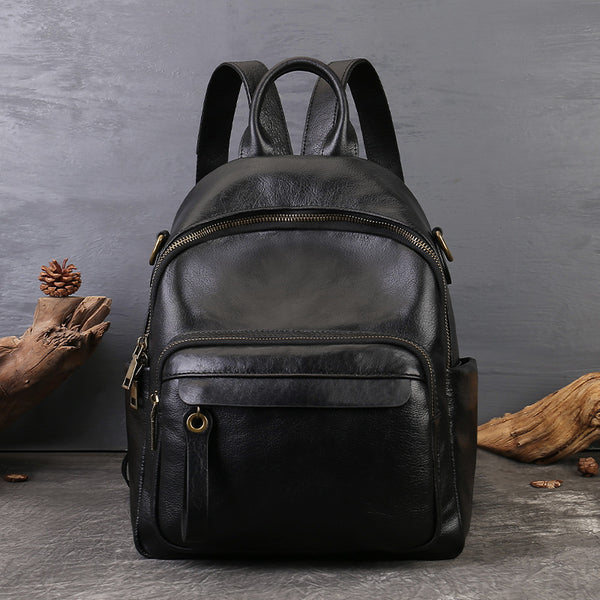 Womens Small Vintage Leather Backpack Full Grain Cowhide Shoulder Bag Black