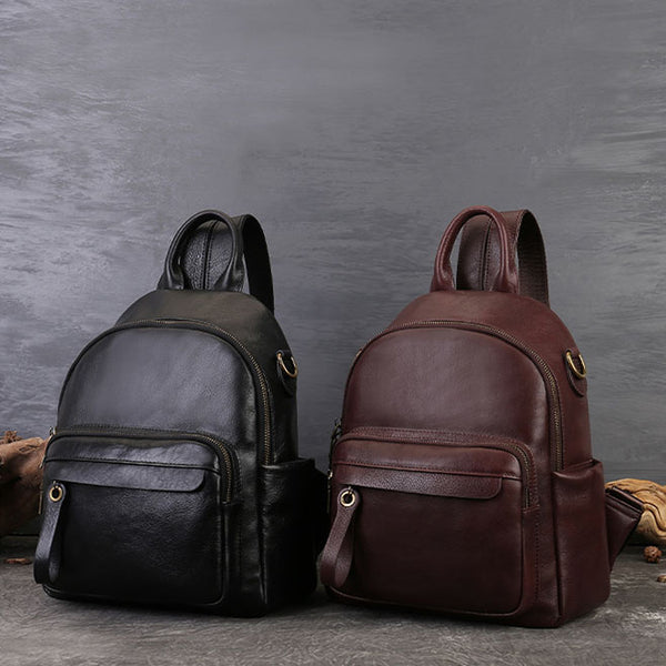 Womens Small Vintage Leather Backpack Full Grain Cowhide Shoulder Bag Chic