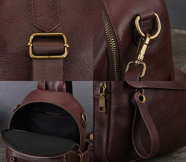 Womens Small Vintage Leather Backpack Full Grain Cowhide Shoulder Bag Details