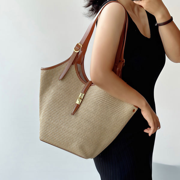 Womens Straw Woven Tote Bag with Twist Lock and Compartments Beach Shoulder Handbag with PU Leather Trim Affordable